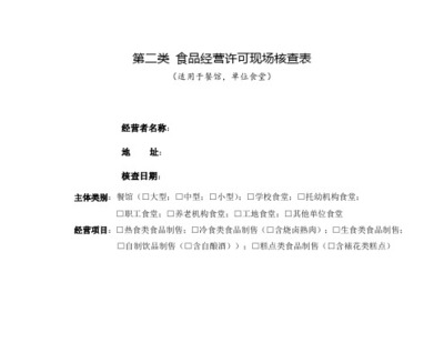 第二类 食品经营许可现场核查表(适用于餐馆,单位食堂)